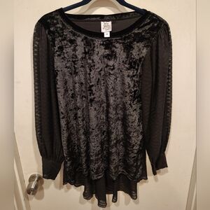 Ivy Jane Black Velvet Puff Sleeve Mixed Media Tunic Top Sz M Boho Gothic Witchy